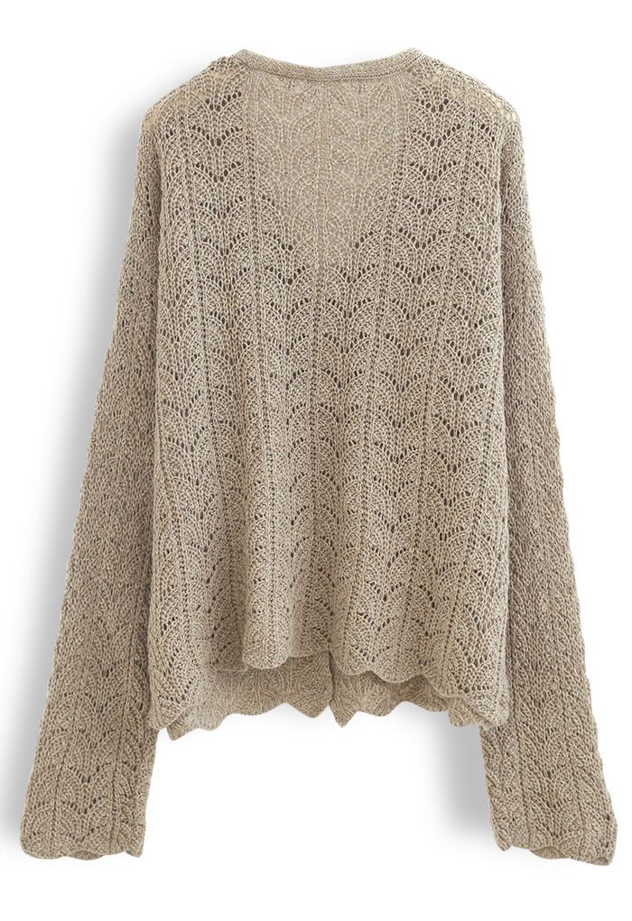 Hollow Out Knit Cami Top and Cardigan Set in Taupe