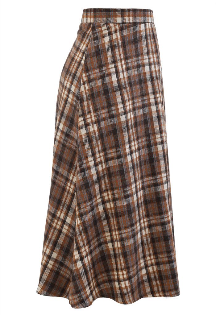 Plaid Wool-Blend A-Line Midi Skirt in Caramel - Retro, Indie and Unique ...