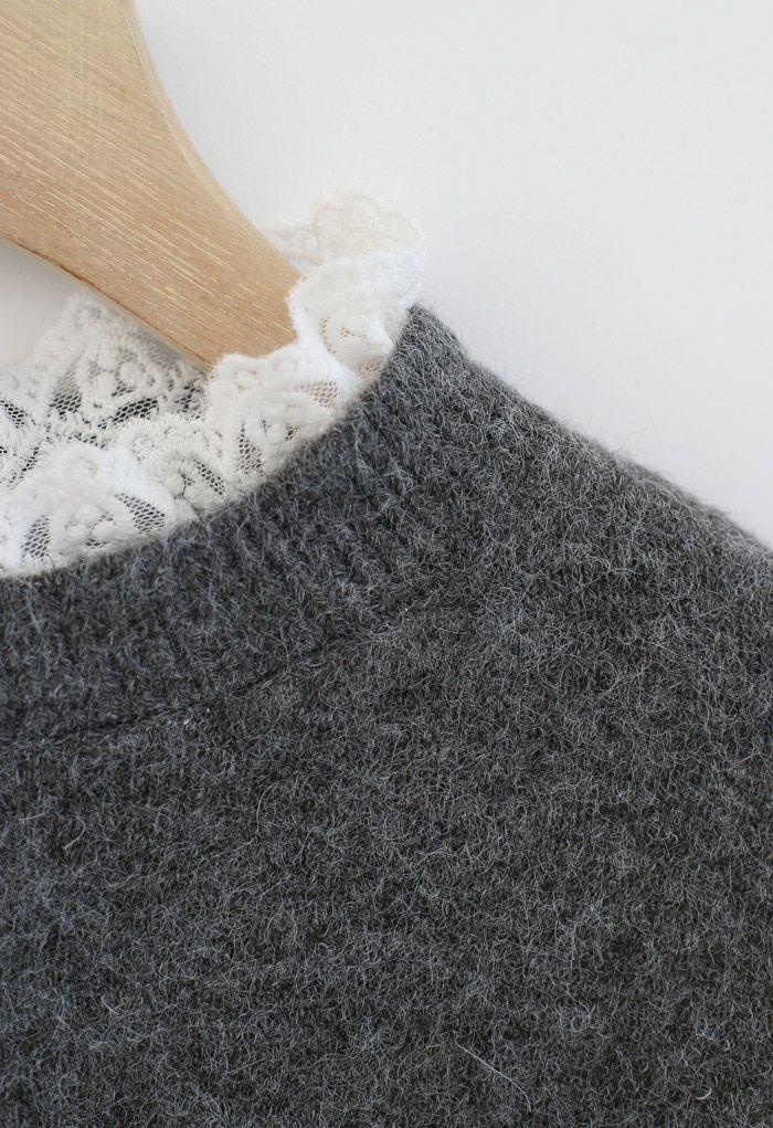 Lacy Details Fuzzy Knit Sweater in Grey