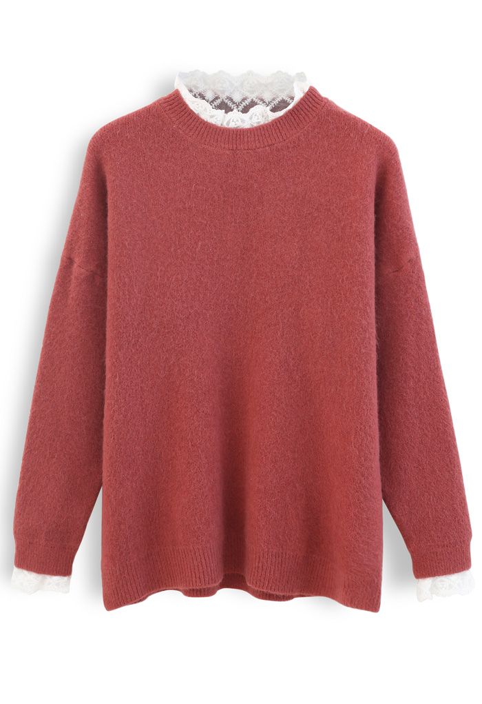 Lacy Details Fuzzy Knit Sweater in Red