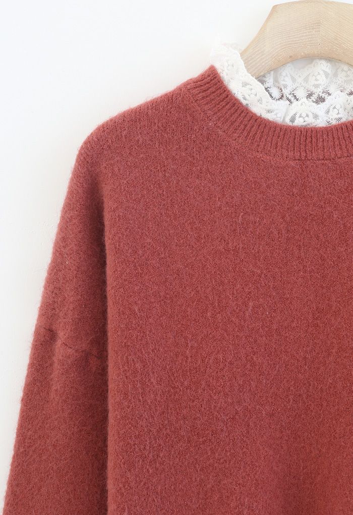 Lacy Details Fuzzy Knit Sweater in Red