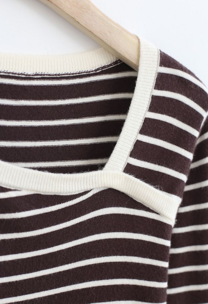 Oblique Collar Striped Knit Top in Brown