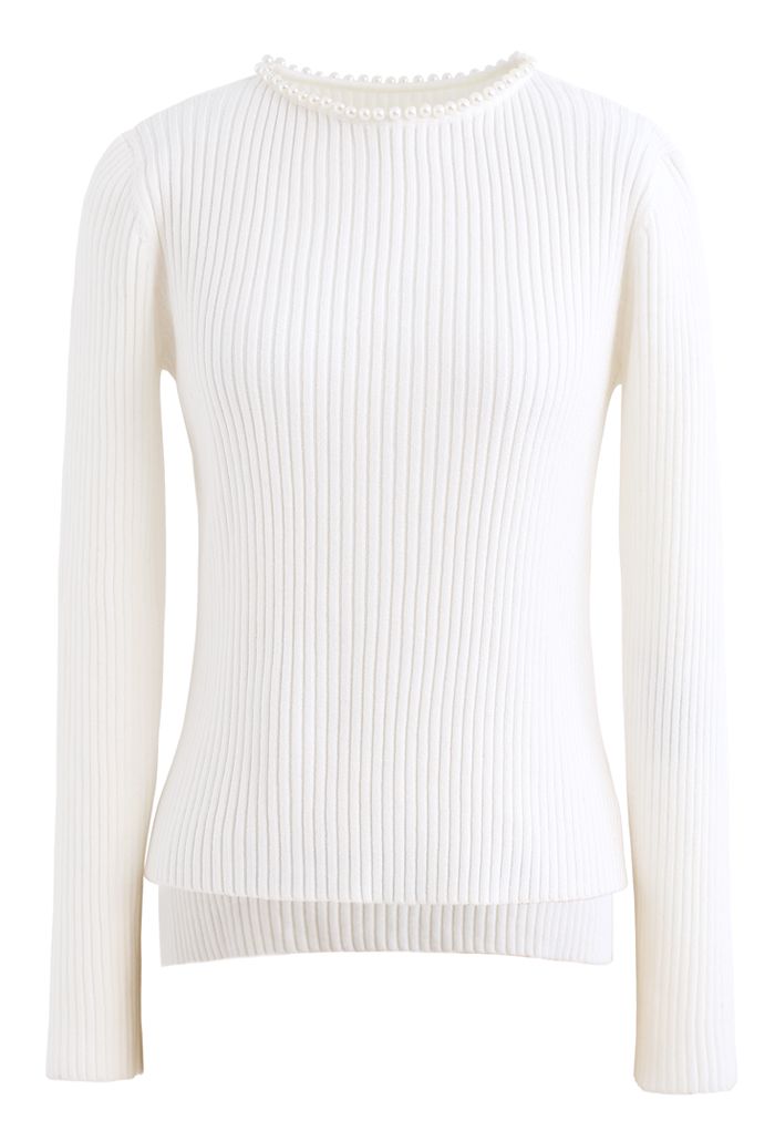 Pearl Neck Ribbed Hi-Lo Knit Sweater in White