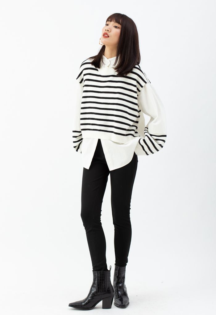Fake Two-Piece Striped Hi-Lo Pullover in White