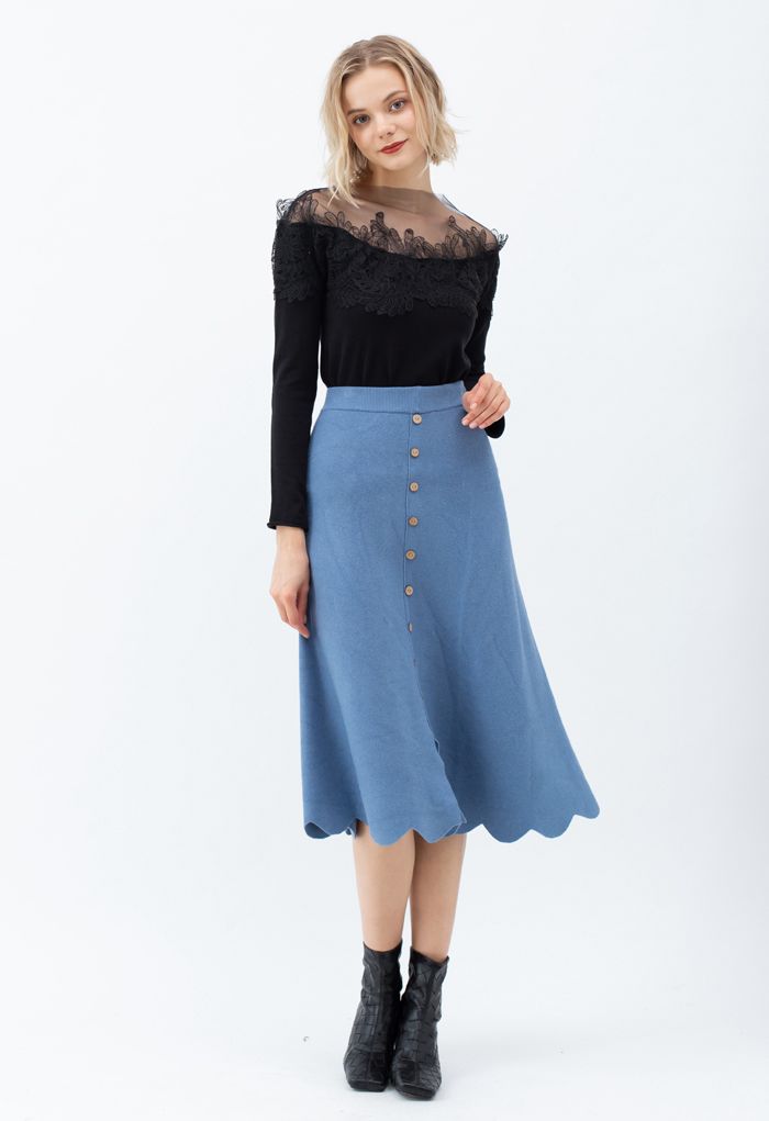 Scrolled Hem Button Knit Midi Skirt in Blue - Retro, Indie and Unique ...