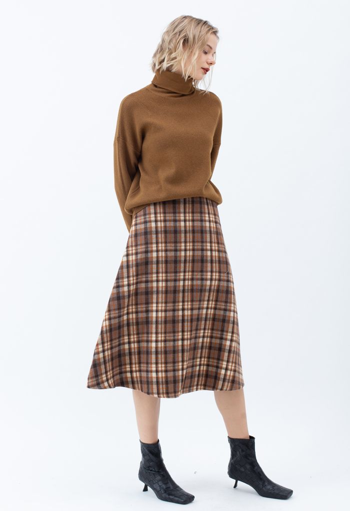 Plaid Wool-Blend A-Line Midi Skirt in Caramel
