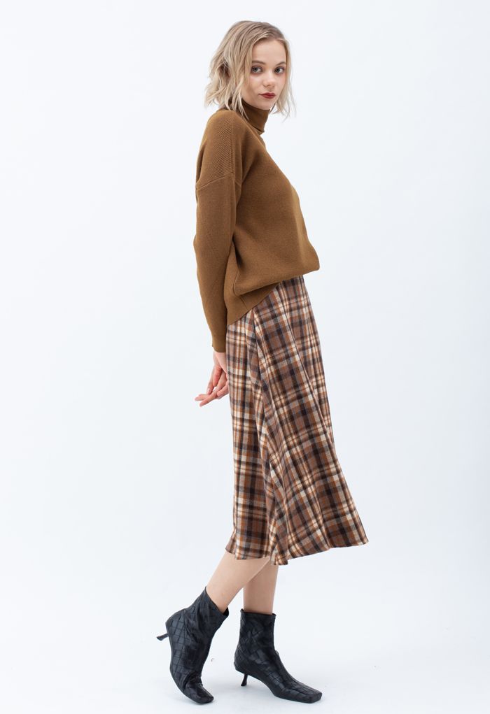 Plaid Wool-Blend A-Line Midi Skirt in Caramel