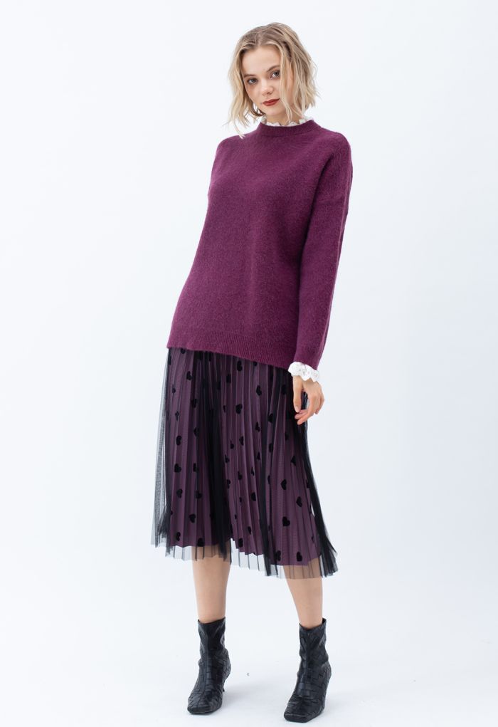 Mesh Overlay Heart Print Pleated Skirt in Violet - Retro, Indie and ...