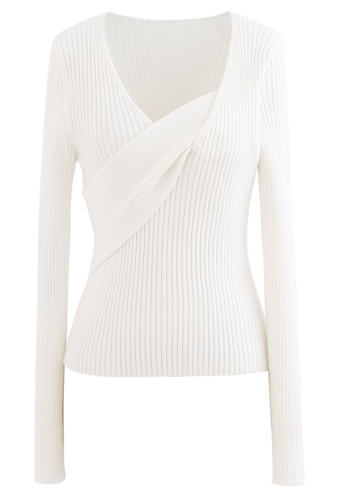 V-Neck Fitted Knit Top in White