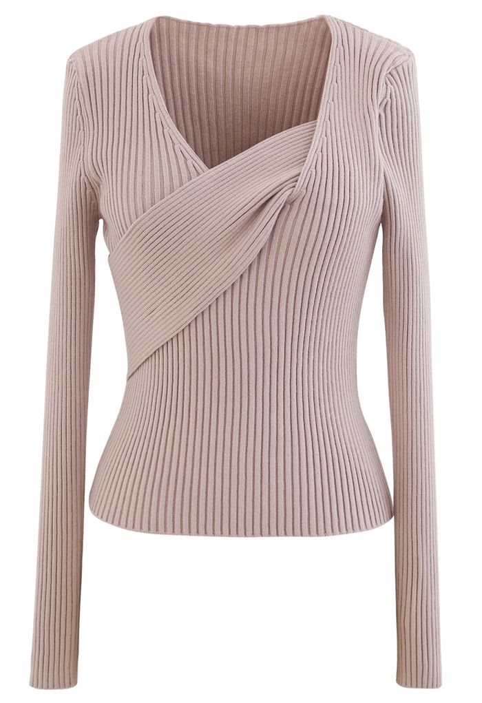 V-Neck Fitted Knit Top in Dusty Pink - Retro, Indie and Unique Fashion
