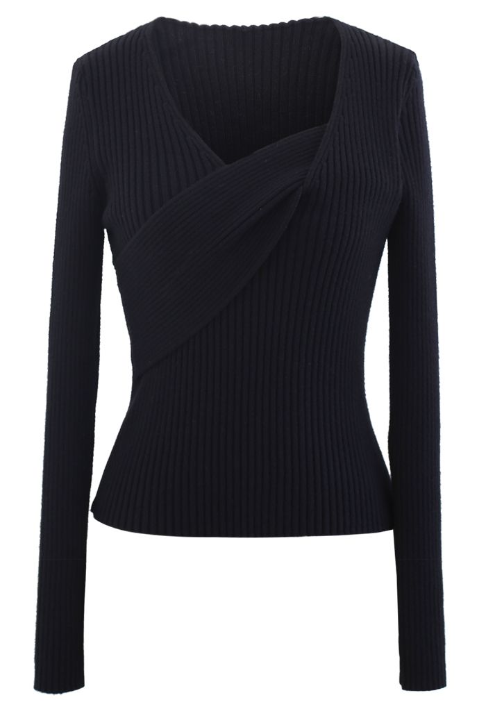 V-Neck Fitted Knit Top in Black - Retro, Indie and Unique Fashion