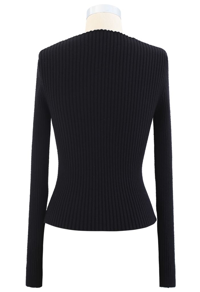 V-Neck Fitted Knit Top in Black - Retro, Indie and Unique Fashion