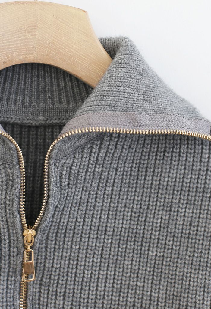 High Zipper Collar Knit Sweater in Grey