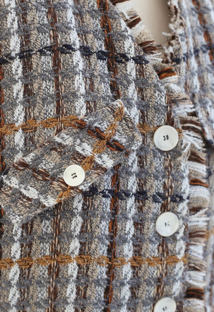 Faux Fur Lining Tassel Tweed Blazer in Taupe