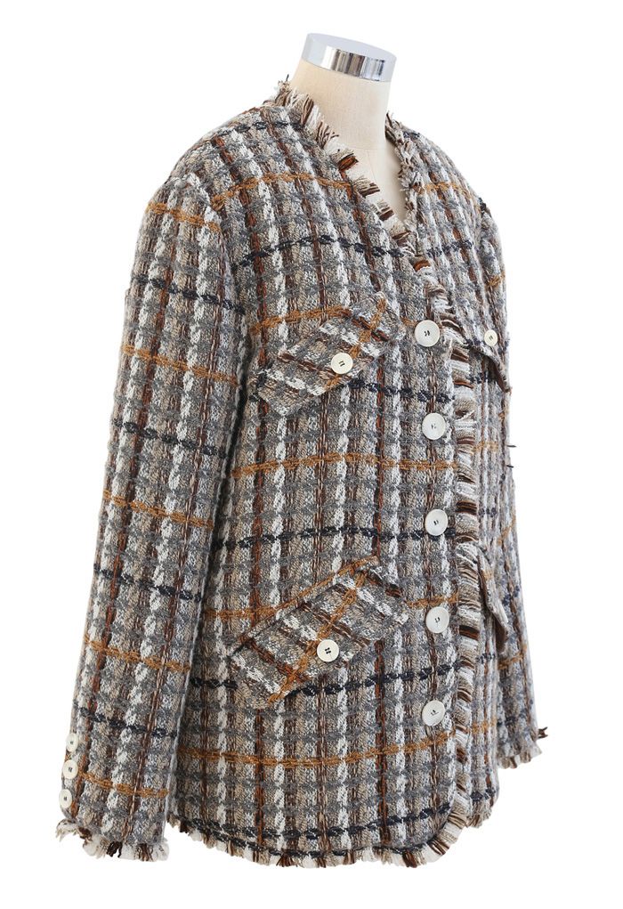 Faux Fur Lining Tassel Tweed Blazer in Taupe