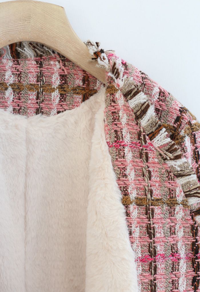 Faux Fur Lining Tassel Tweed Blazer in Hot Pink