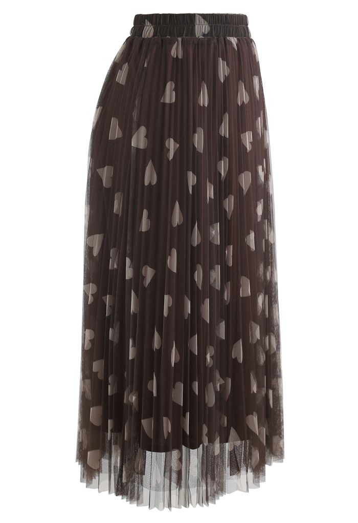 Heart Print Double-Layered Mesh Tulle Skirt in Brown - Retro, Indie and ...