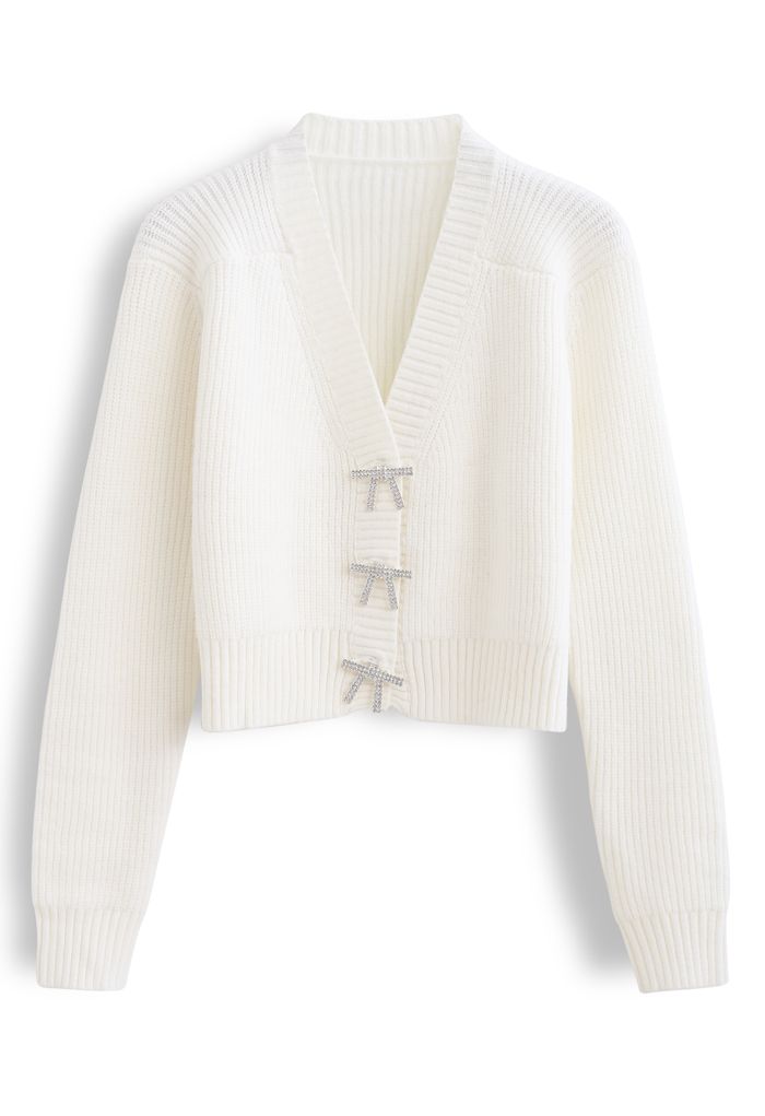 Bowknot Brooch Button Up Crop Knit Cardigan in White - Retro, Indie and ...