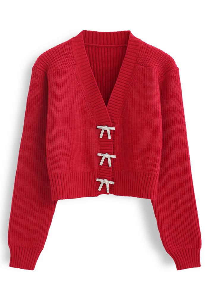 Bowknot Brooch Button Up Crop Knit Cardigan in Red