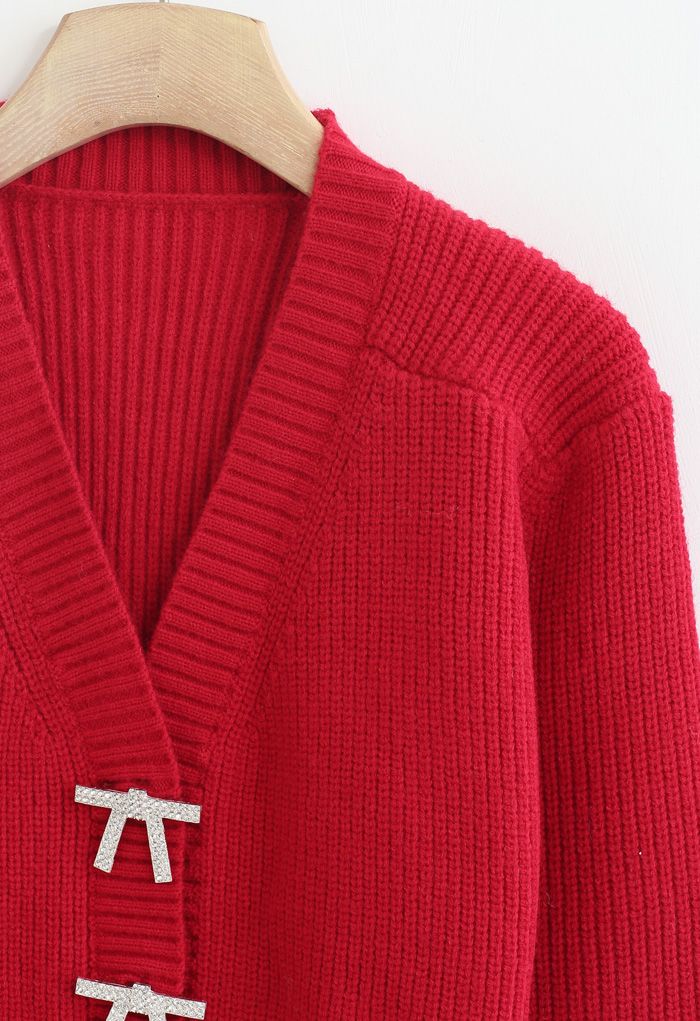 Bowknot Brooch Button Up Crop Knit Cardigan in Red