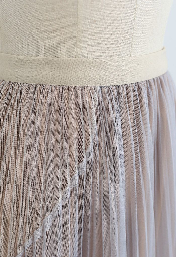 Multi Color Double-Layered Pleated Tulle Midi Skirt in Light Tan