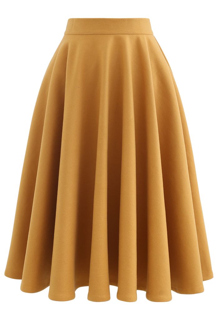 High Waisted Wool-Blend Flare Skirt in Mustard