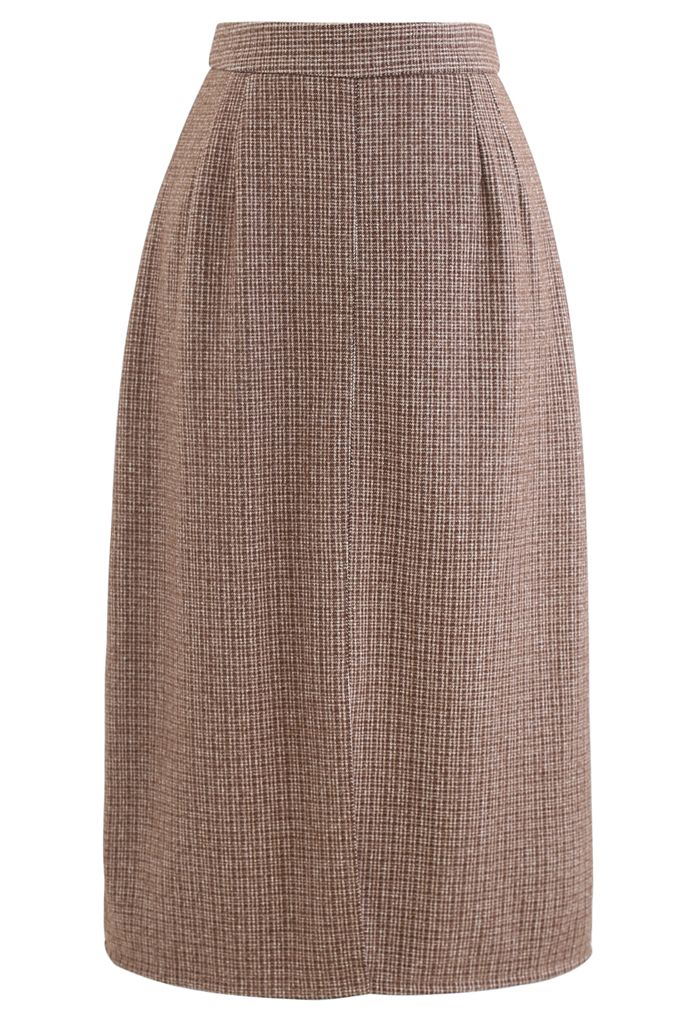 Vent Hem Houndstooth Wool-Blend Pencil Skirt in Brown