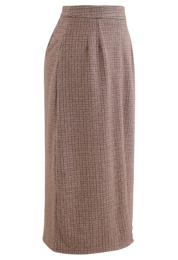 Vent Hem Houndstooth Wool-Blend Pencil Skirt in Brown