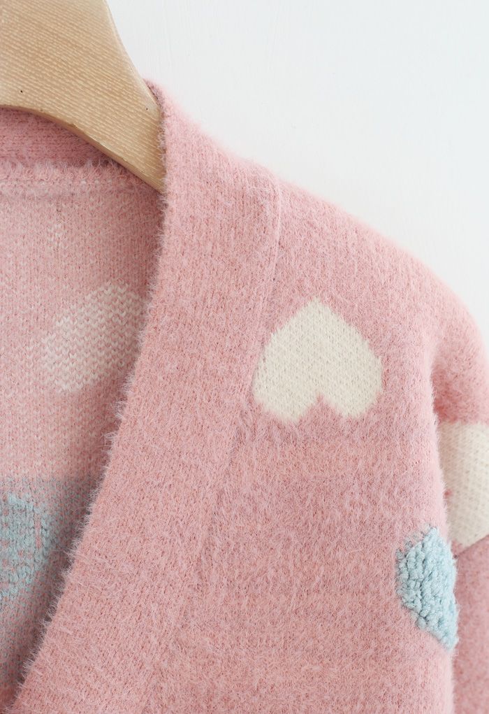 Button Down Heart Fuzzy Knit Cardigan in Pink
