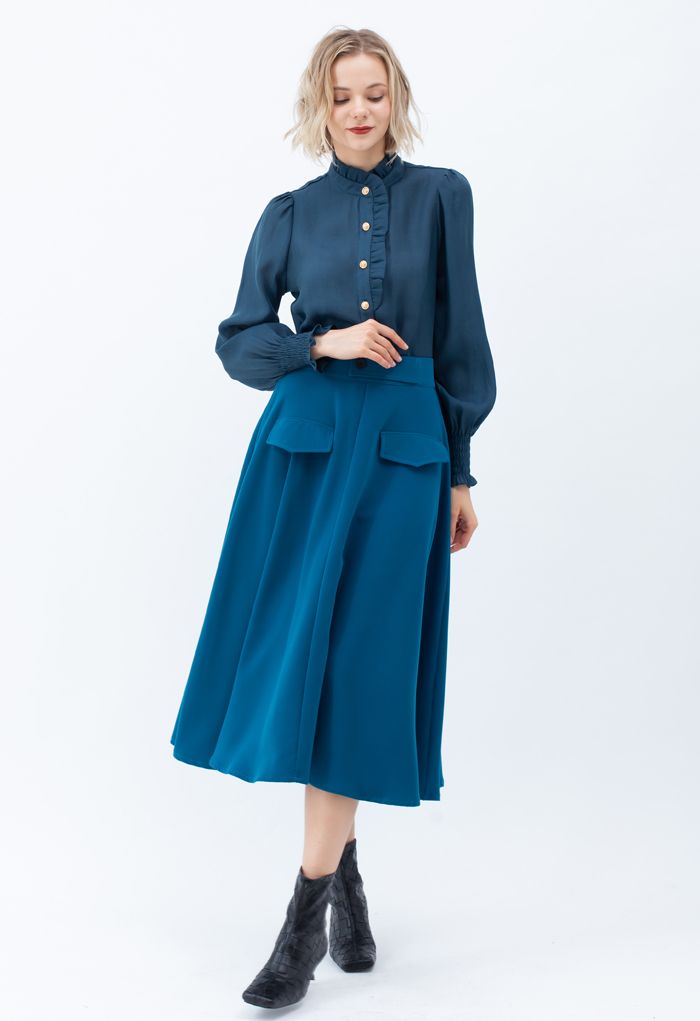 Dual Fake Pockets Buttoned Flare Skirt in Indigo - Retro, Indie and ...