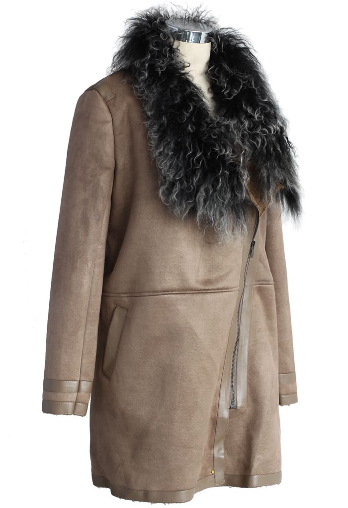 Shearling Wool Collar Matted Coat in Camel