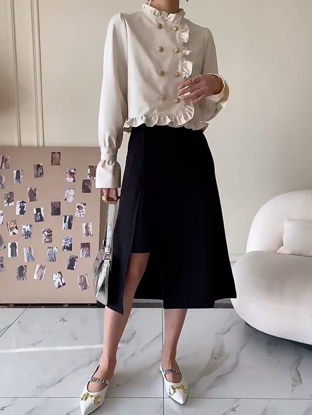 Double-Breasted Ruffle Edge Cropped Top in Cream