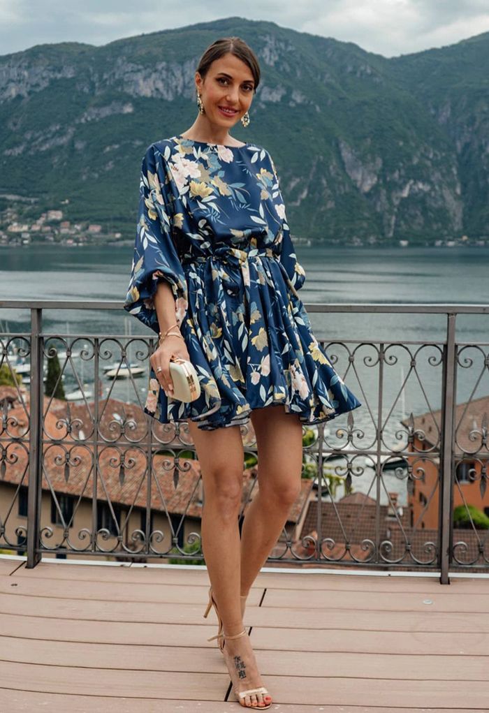 Navy Floral Printed Bubble Sleeves Frilling Dress