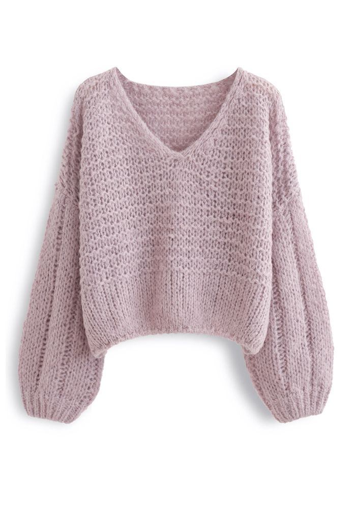 Fluffy Knit Hollow Out Crop Sweater in Dusty Pink