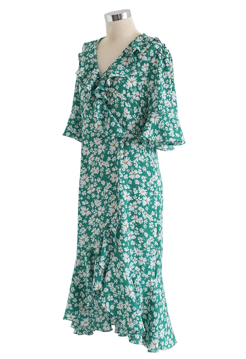Dainty Floret Print Asymmetric Frilling Dress in Green