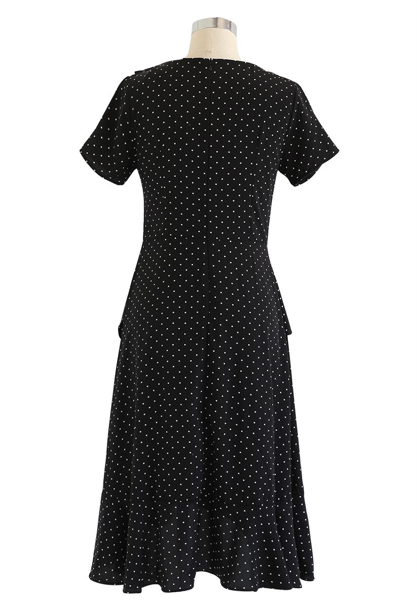 Dots Ruffle Asymmetric Midi Dress in Black