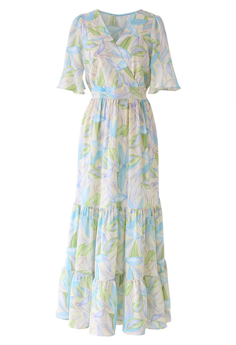 Multicolor Leaves Print Frill Hem Wrap Maxi Dress - Retro, Indie and ...