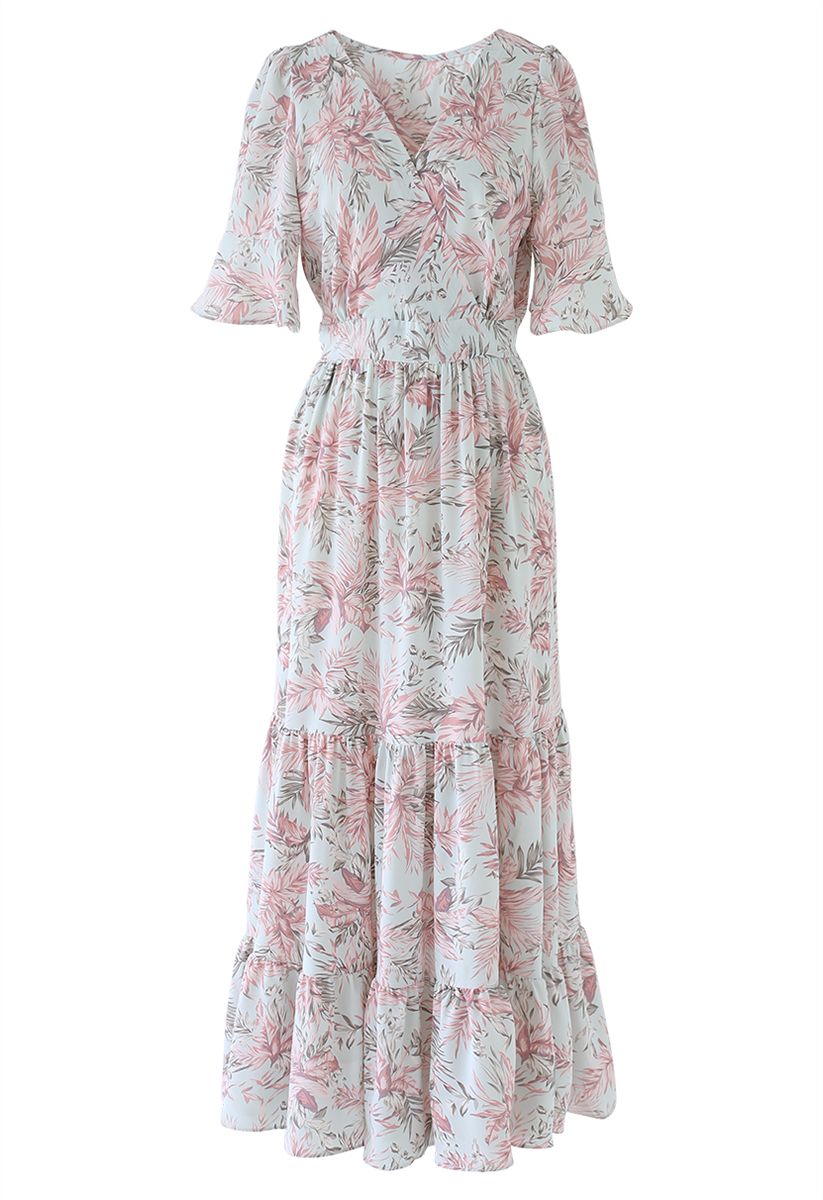 Pinky Leaves Print Frill Hem Wrap Maxi Dress - Retro, Indie and Unique ...