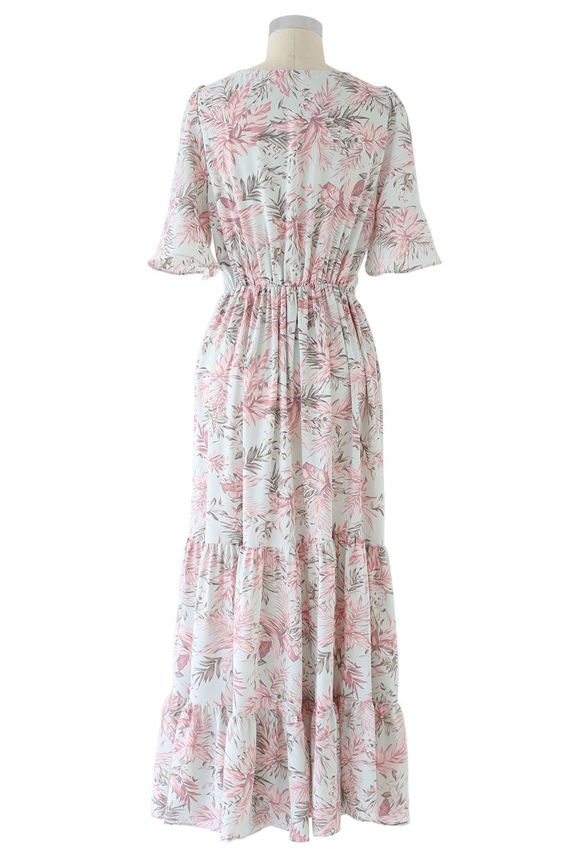 Pinky Leaves Print Frill Hem Wrap Maxi Dress - Retro, Indie and Unique ...
