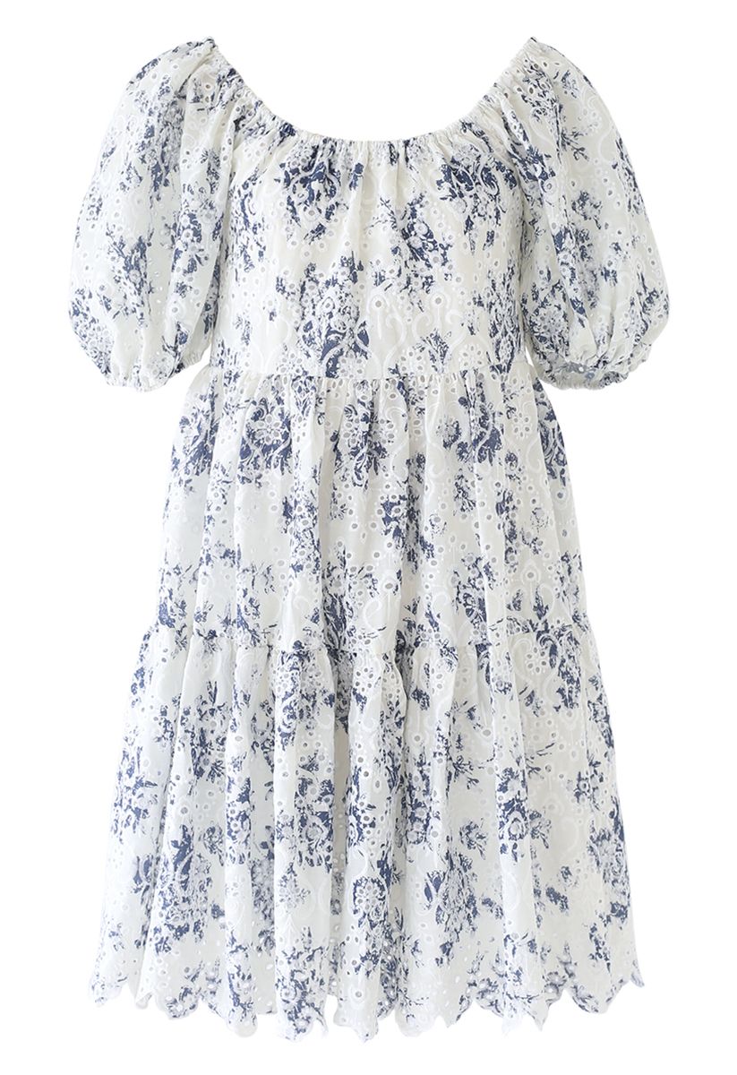 Scoop Neck Puff-Sleeve Floral Embroidered Dolly Dress