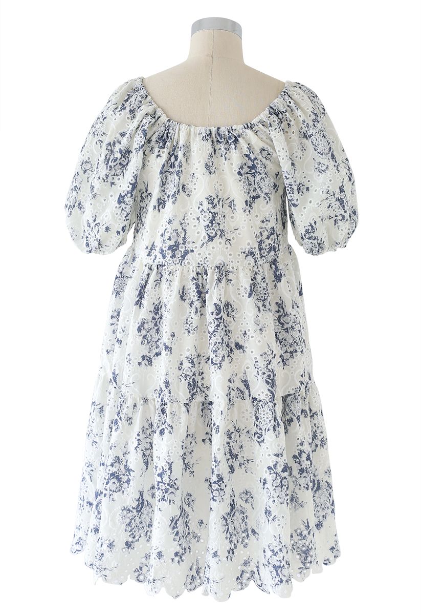 Scoop Neck Puff-Sleeve Floral Embroidered Dolly Dress