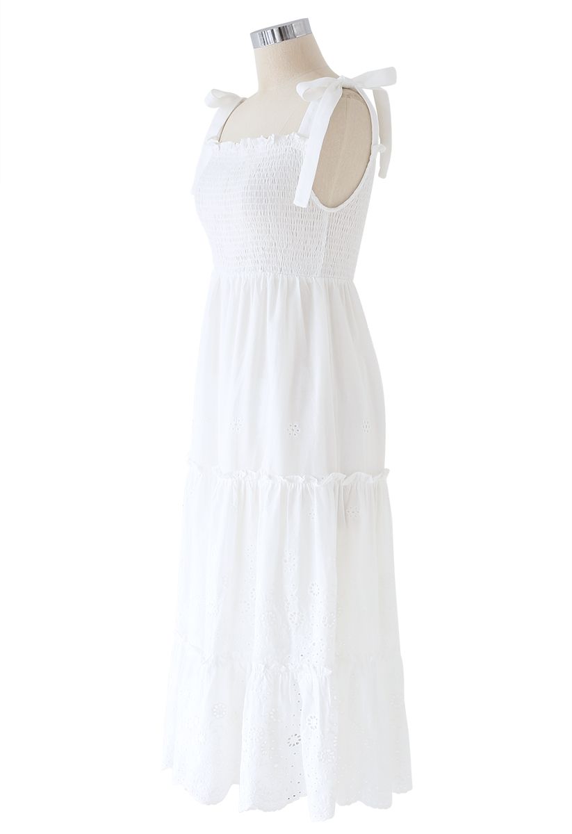 Shoulder Tie Shirred Embroidered Ruffle Dress in White