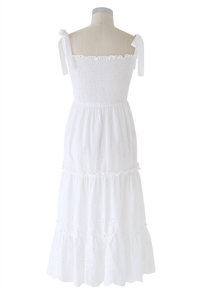 Shoulder Tie Shirred Embroidered Ruffle Dress in White
