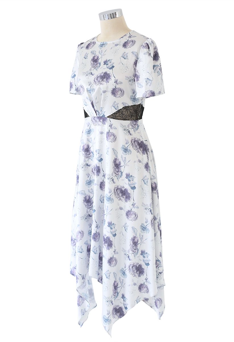 Watercolor Flowers Printed Satin Asymmetric Dress