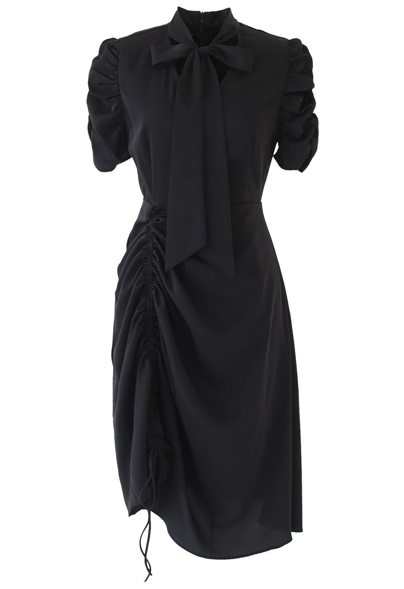 Drawstring Bow-Neck Dress in Black