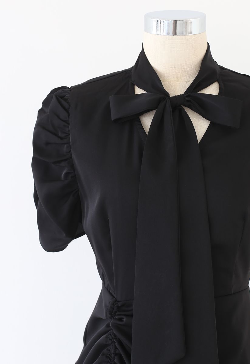 Drawstring Bow-Neck Dress in Black