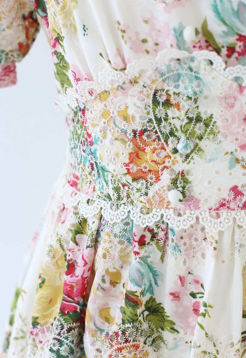Vivid Flower Buttoned Crochet Embroidered Dress
