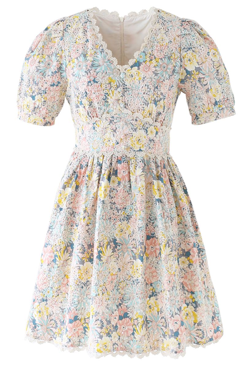 Blooming Flower Buttoned Crochet Embroidered Dress