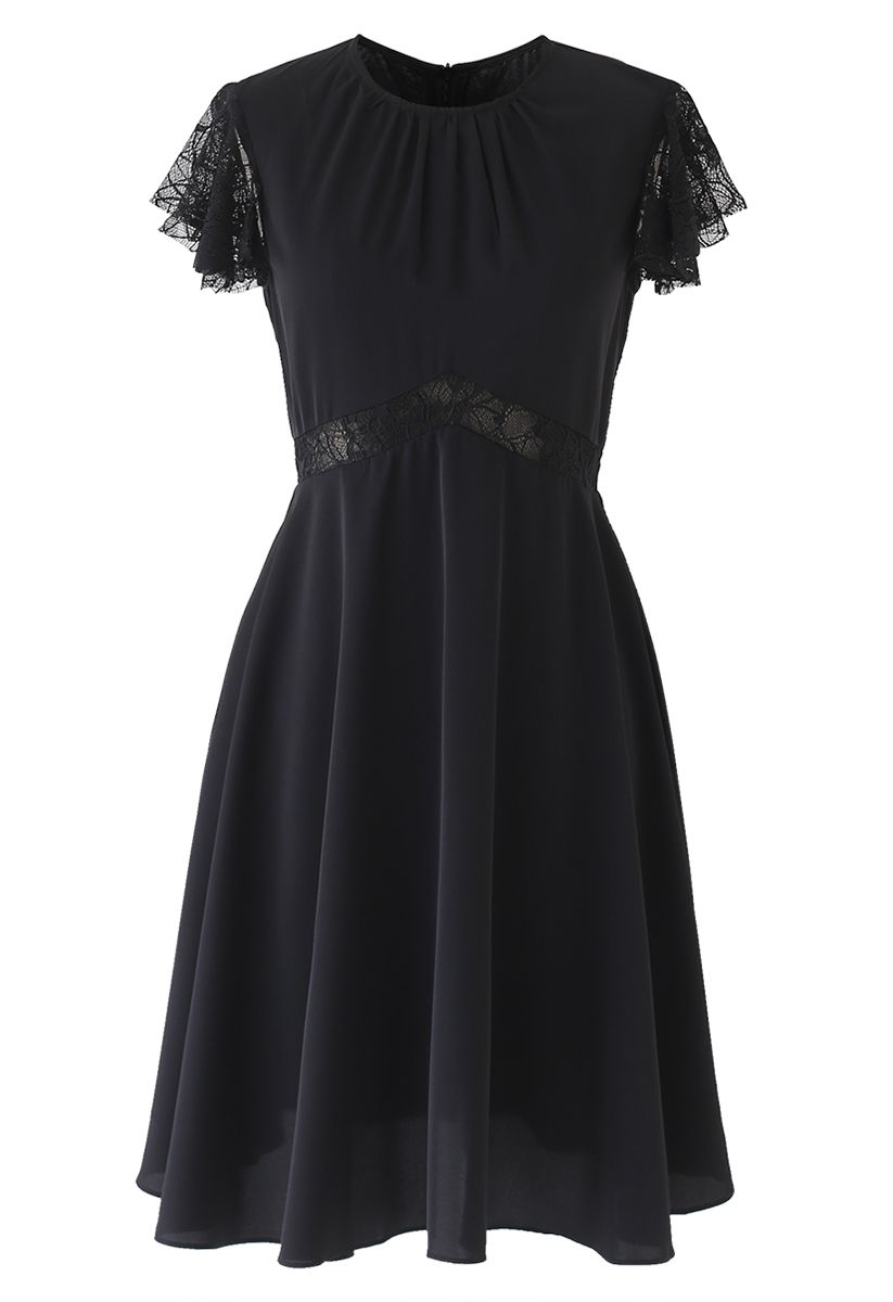Lace Trim Flare Midi Dress in Black - Retro, Indie and Unique Fashion