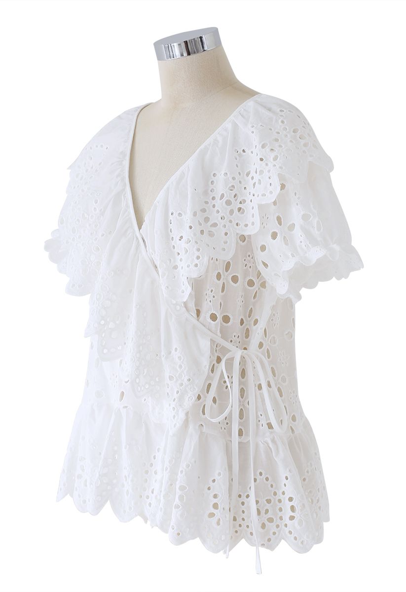 V-Neck Embroidery Eyelet Ruffle Wrap Top - Retro, Indie and Unique Fashion